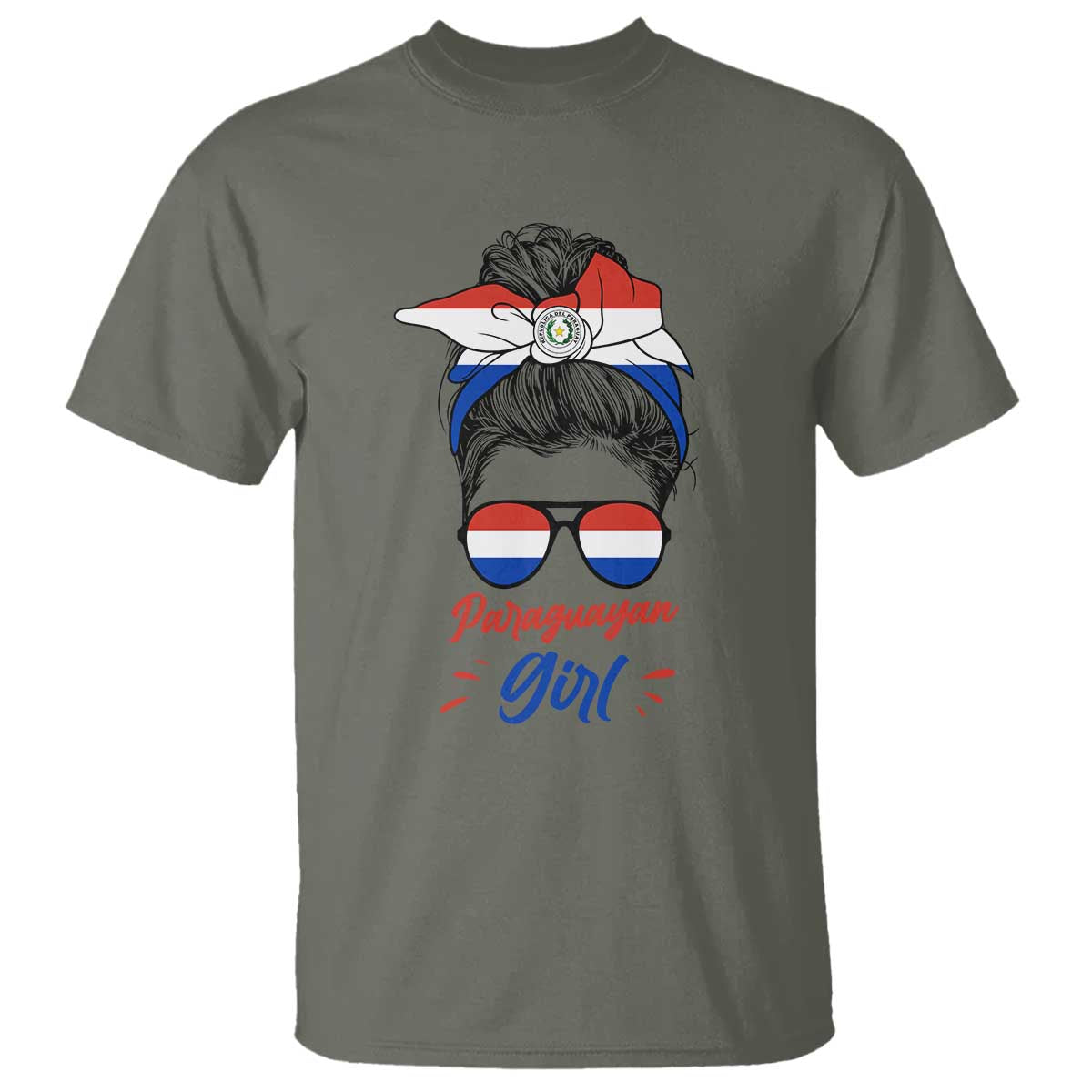 Proud Paraguayan Girl Messy Bun Bandana Aviator Sunglasses T Shirt Paraguay Heritage Roots HispanicLatina Pride