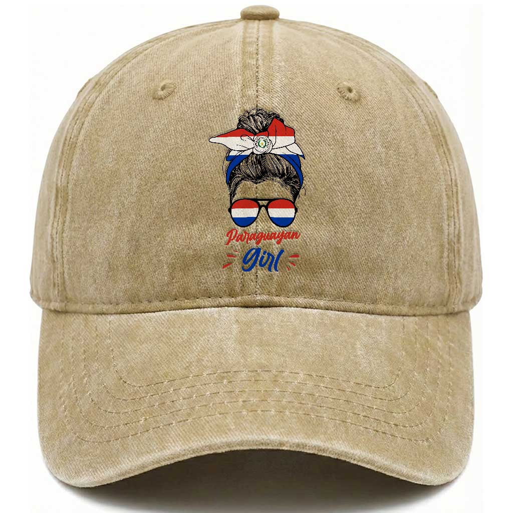 Proud Paraguayan Girl Messy Bun Bandana Aviator Sunglasses Washed Cotton Baseball Cap Paraguay Heritage Roots HispanicLatina Pride