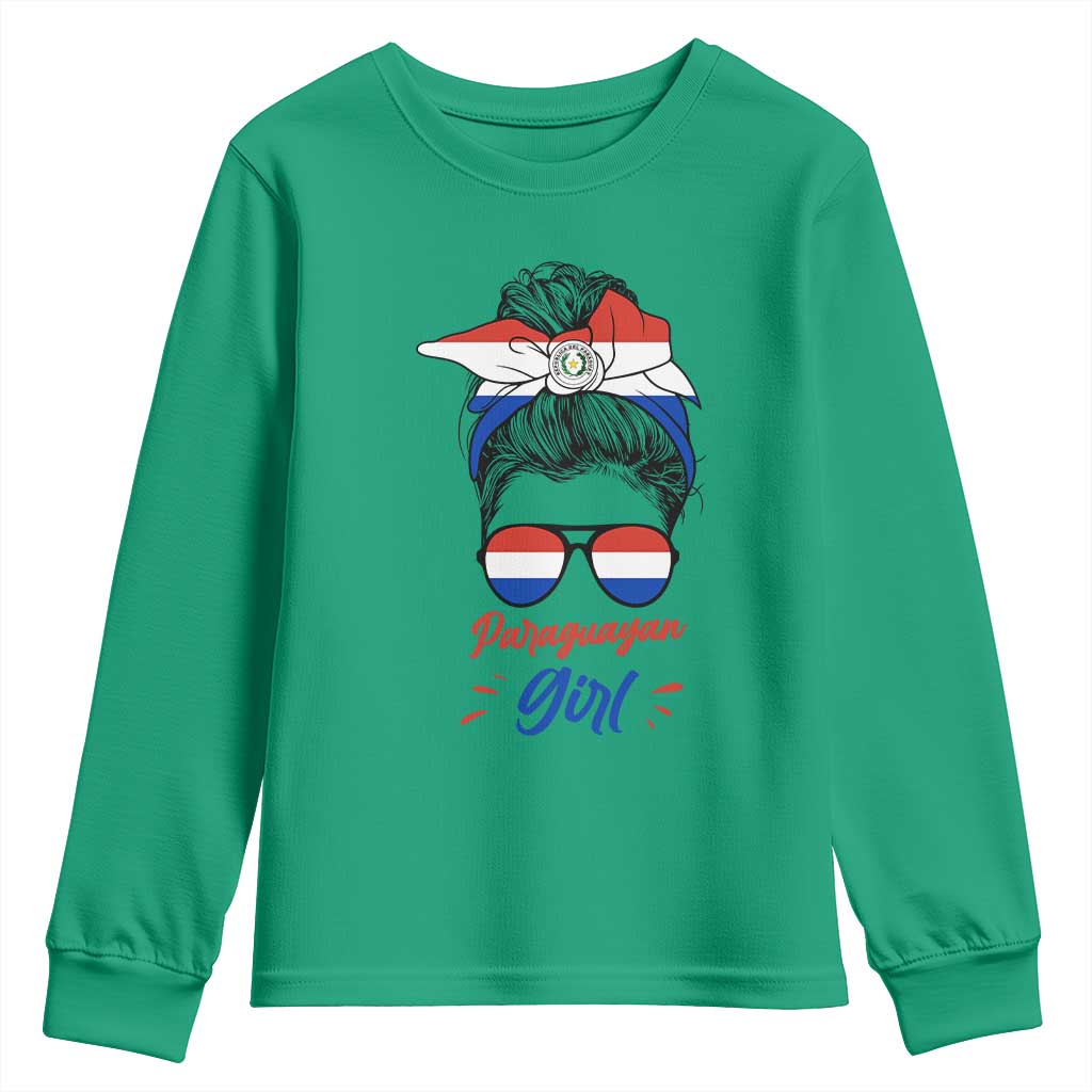 Proud Paraguayan Girl Messy Bun Bandana Aviator Sunglasses Youth Sweatshirt Paraguay Heritage Roots HispanicLatina Pride