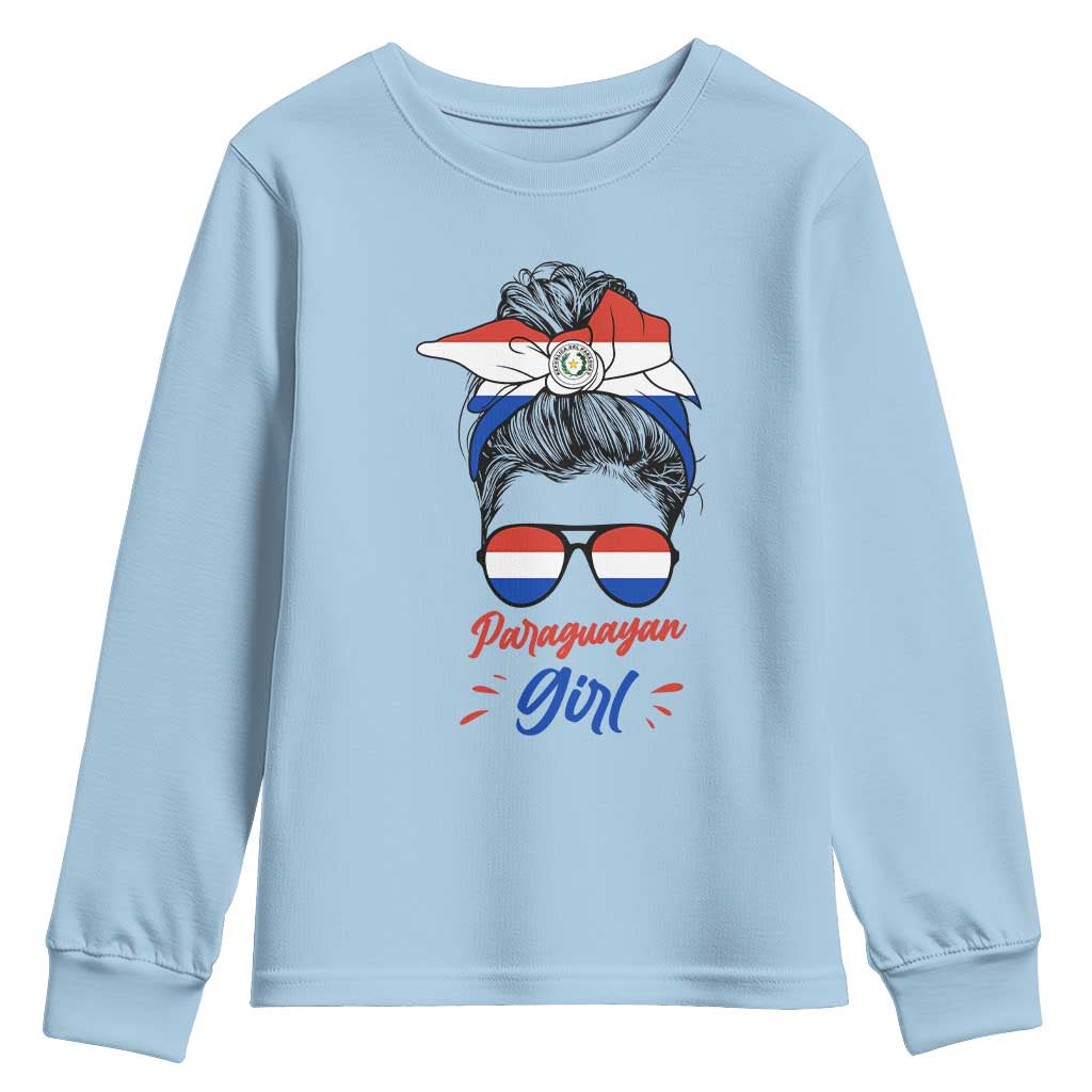 Proud Paraguayan Girl Messy Bun Bandana Aviator Sunglasses Youth Sweatshirt Paraguay Heritage Roots HispanicLatina Pride