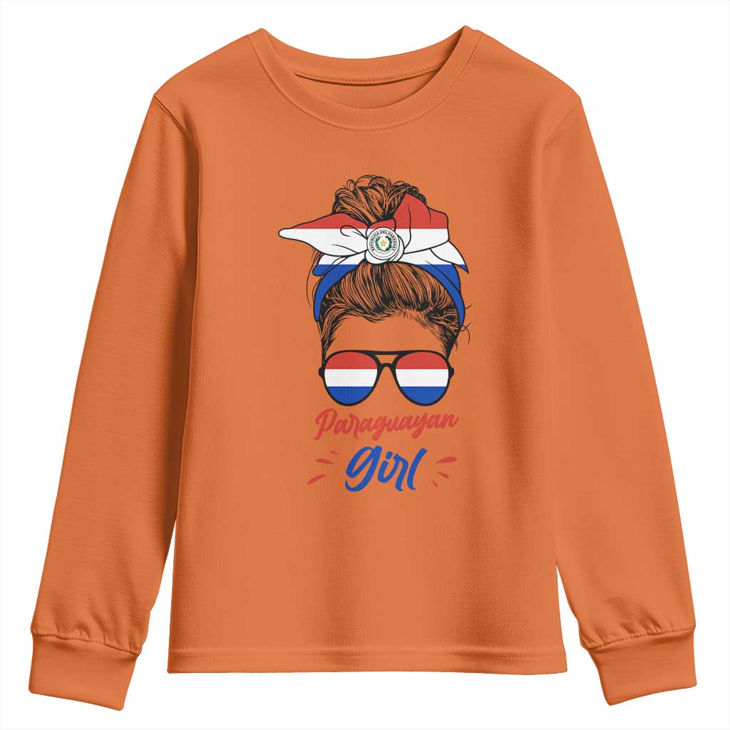 Proud Paraguayan Girl Messy Bun Bandana Aviator Sunglasses Youth Sweatshirt Paraguay Heritage Roots HispanicLatina Pride