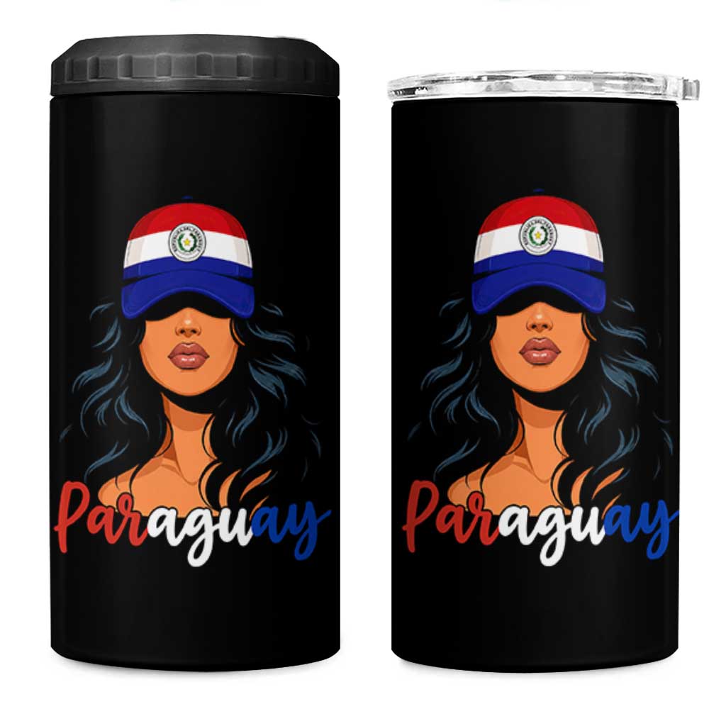 Proud Paraguayan Woman Melanin Curls Afro Latina 4 in 1 Can Cooler Tumbler Paraguay Flag Roots Hispanic Heritage Pride