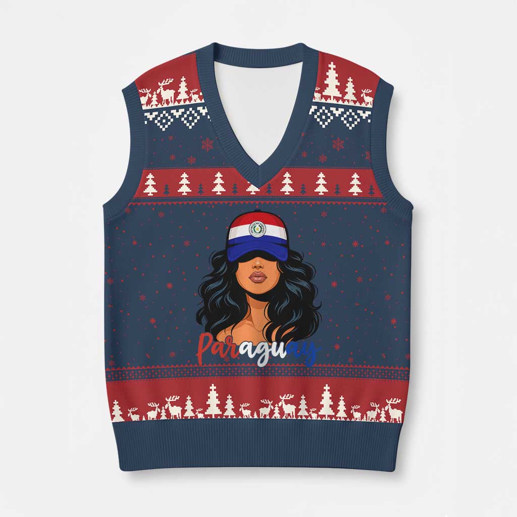Proud Paraguayan Woman Melanin Curls Afro Latina V-Neck Knit Sweater Vest Paraguay Flag Roots Hispanic Heritage Pride