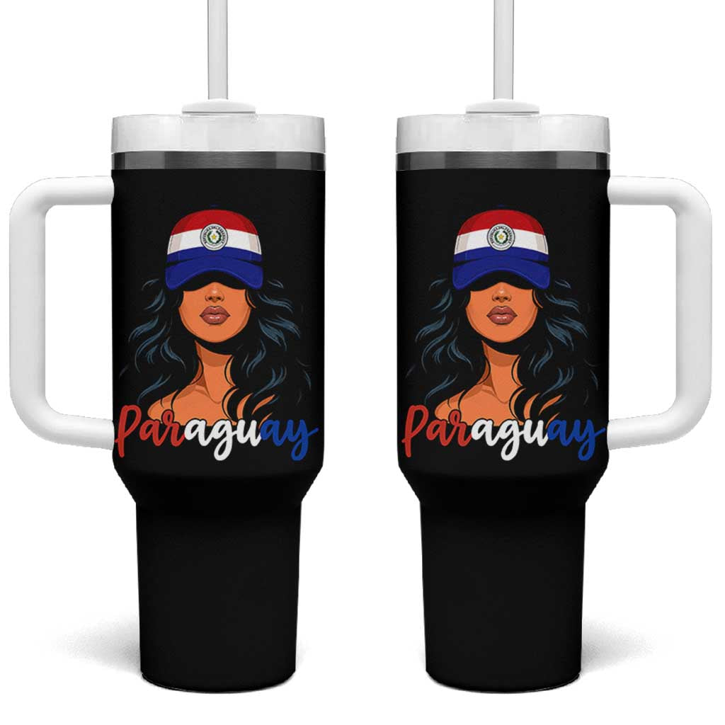 Proud Paraguayan Woman Melanin Curls Afro Latina Tumbler With Handle Paraguay Flag Roots Hispanic Heritage Pride