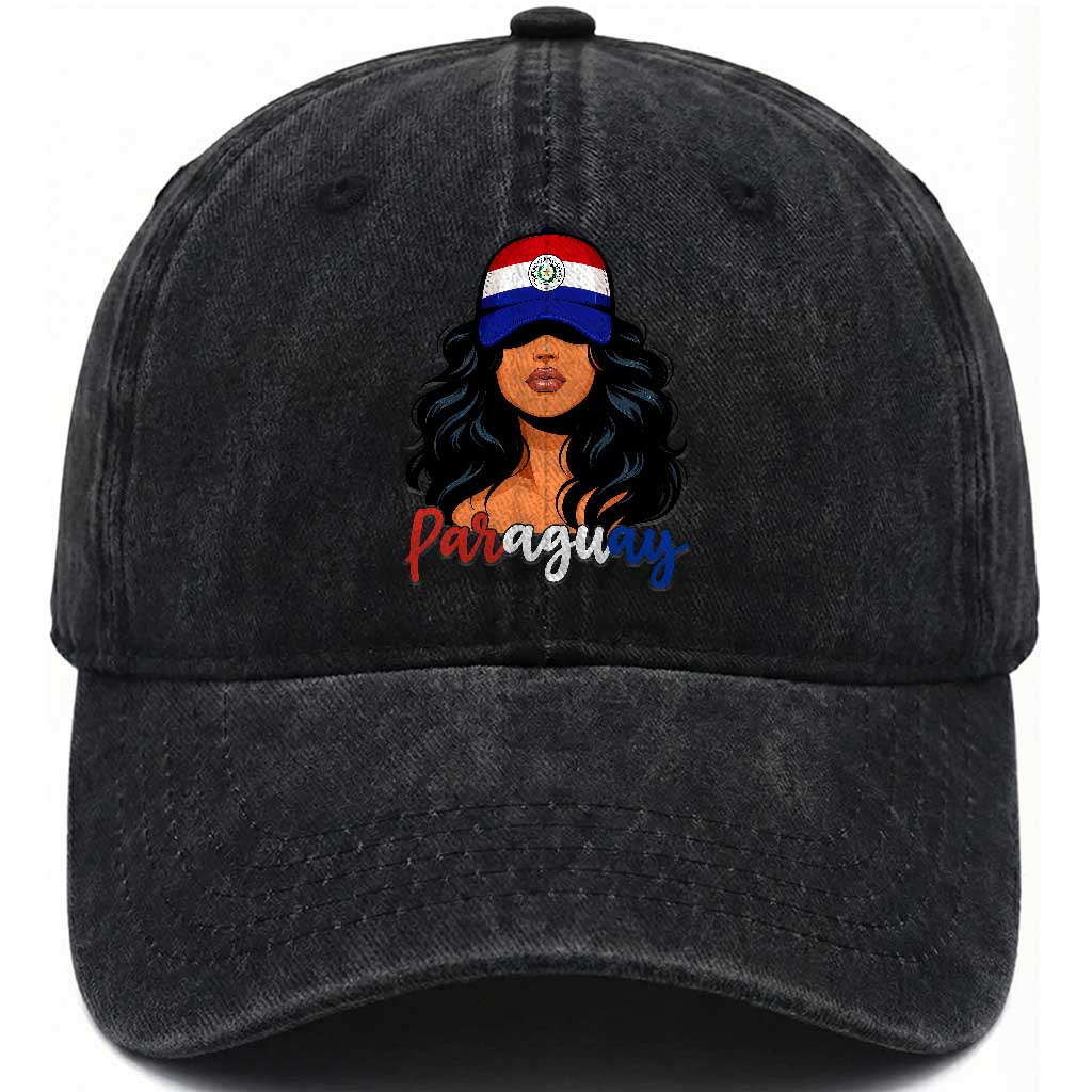 Proud Paraguayan Woman Melanin Curls Afro Latina Washed Cotton Baseball Cap Paraguay Flag Roots Hispanic Heritage Pride