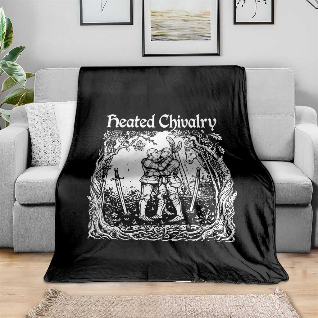 Heated Chivalry Kissing Knights Throw Blanket Romantic Funny Medieval Woodcut Fantasy Folklore Graphic