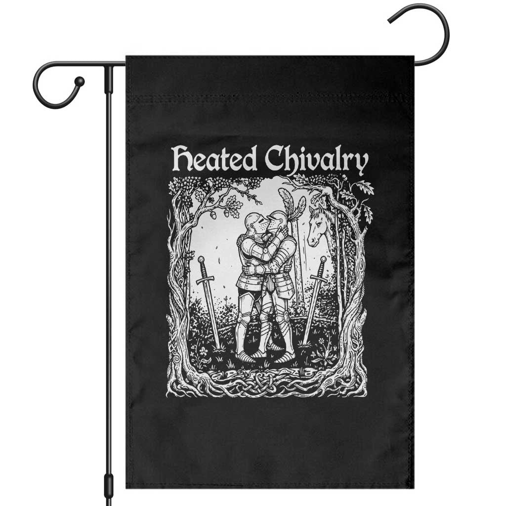 Heated Chivalry Kissing Knights Garden Flag Romantic Funny Medieval Woodcut Fantasy Folklore Graphic