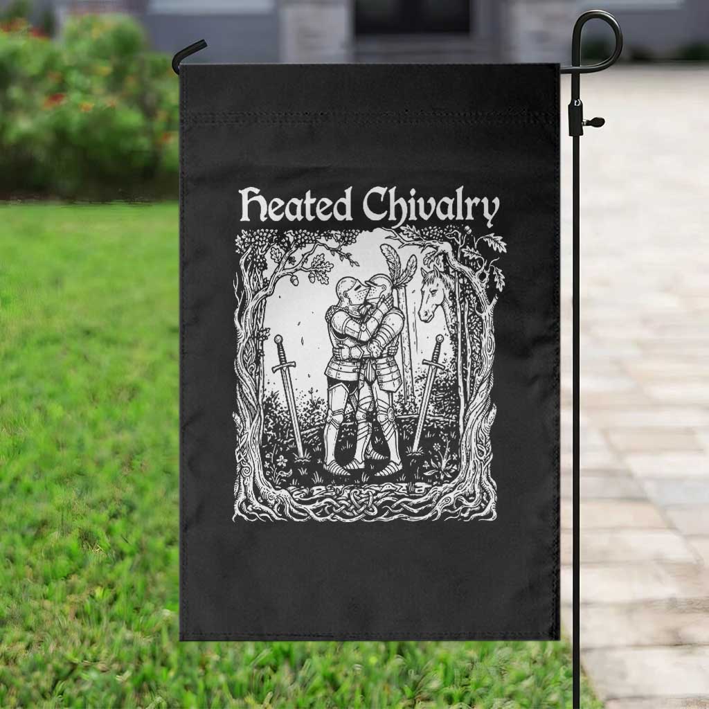 Heated Chivalry Kissing Knights Garden Flag Romantic Funny Medieval Woodcut Fantasy Folklore Graphic