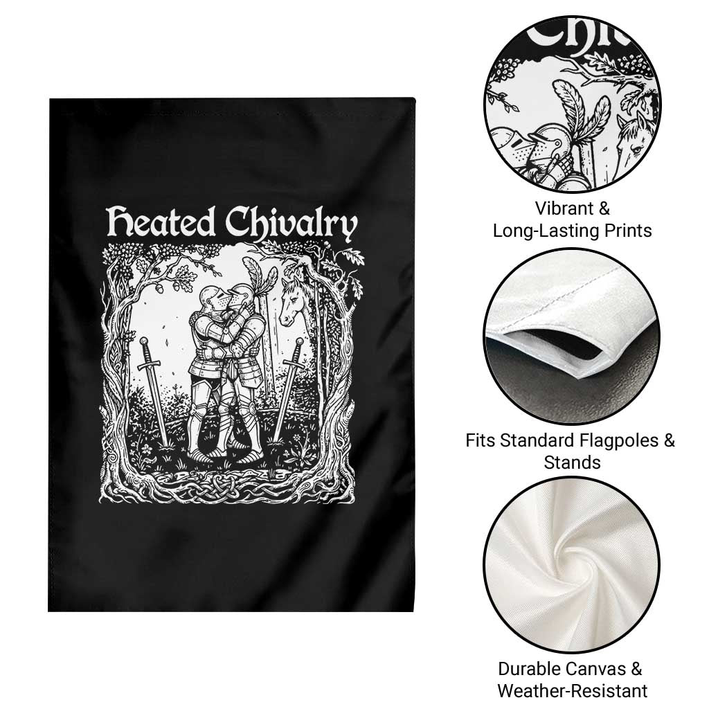 Heated Chivalry Kissing Knights Garden Flag Romantic Funny Medieval Woodcut Fantasy Folklore Graphic