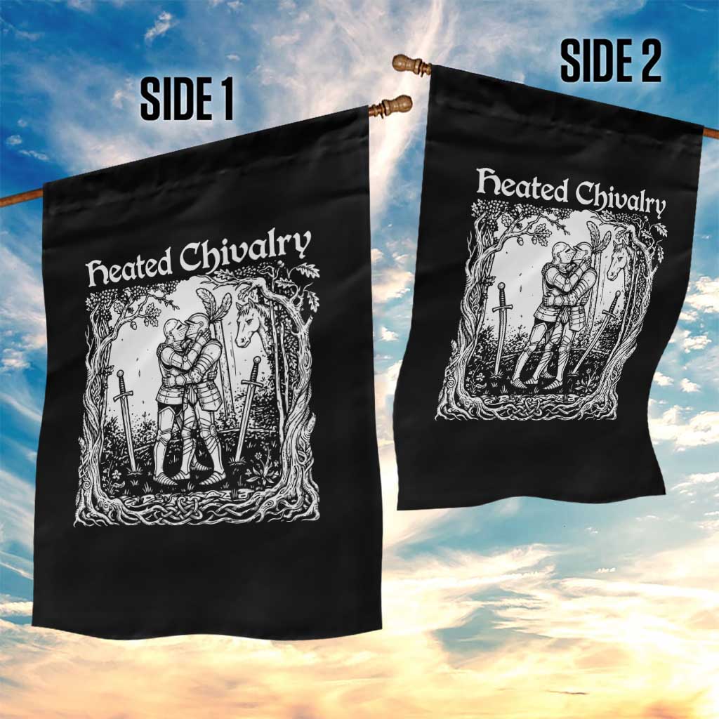 Heated Chivalry Kissing Knights Garden Flag Romantic Funny Medieval Woodcut Fantasy Folklore Graphic