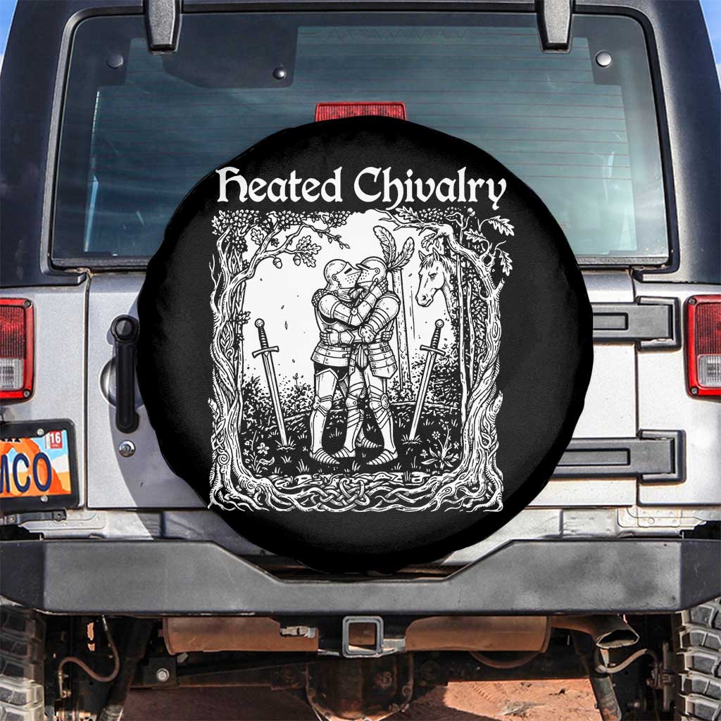 Heated Chivalry Kissing Knights Spare Tire Cover Romantic Funny Medieval Woodcut Fantasy Folklore Graphic