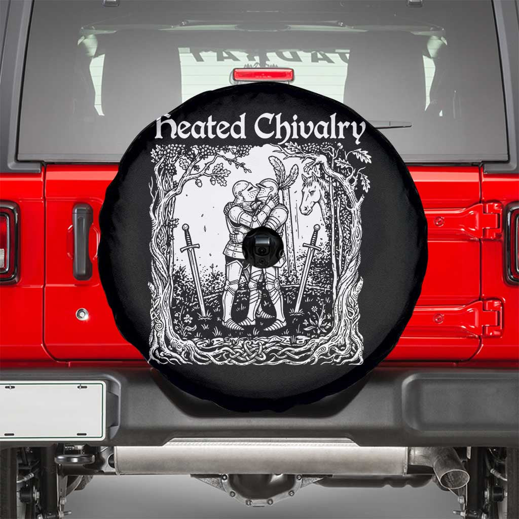 Heated Chivalry Kissing Knights Spare Tire Cover Romantic Funny Medieval Woodcut Fantasy Folklore Graphic