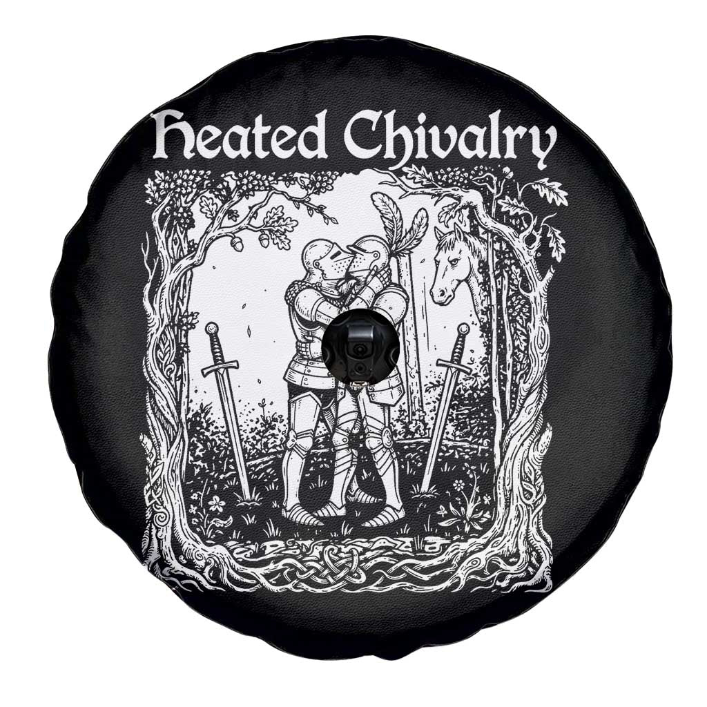 Heated Chivalry Kissing Knights Spare Tire Cover Romantic Funny Medieval Woodcut Fantasy Folklore Graphic