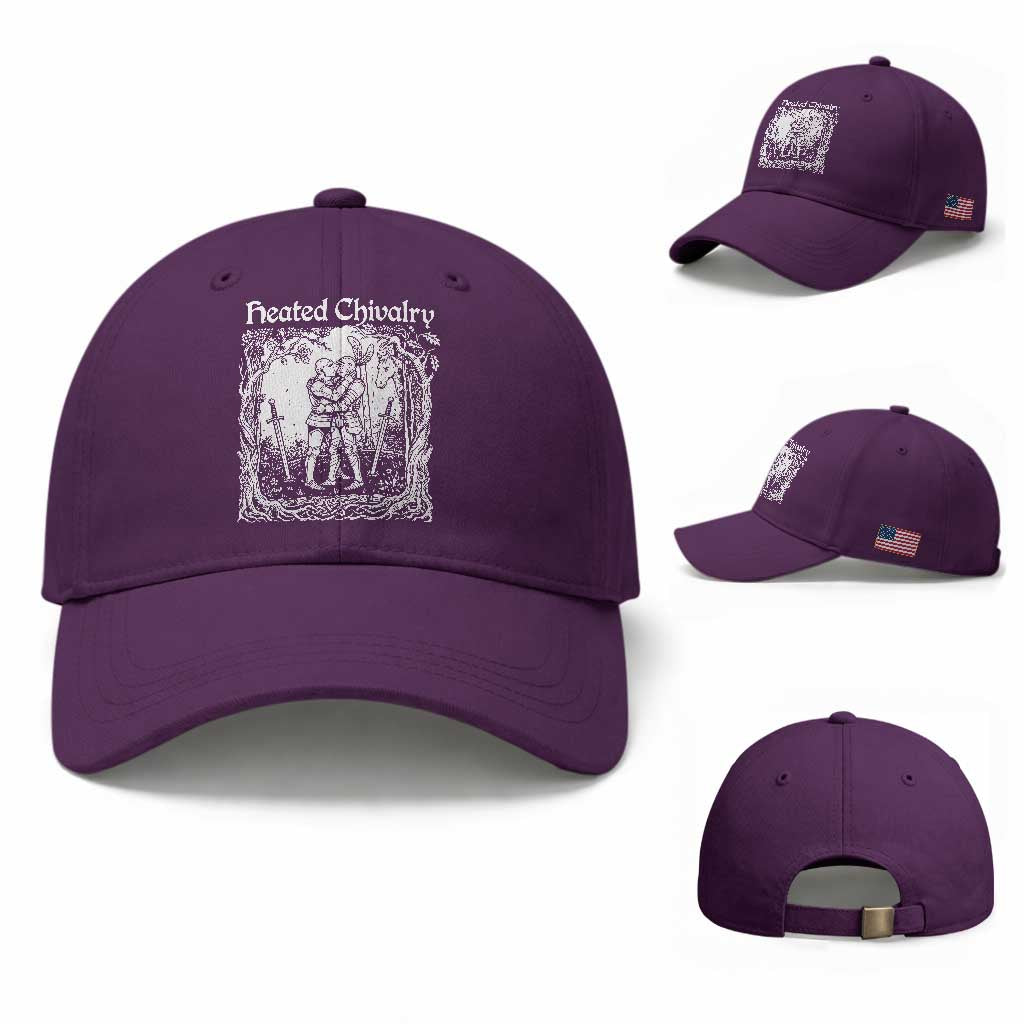 Heated Chivalry Kissing Knights Baseball Cap Romantic Funny Medieval Woodcut Fantasy Folklore Graphic