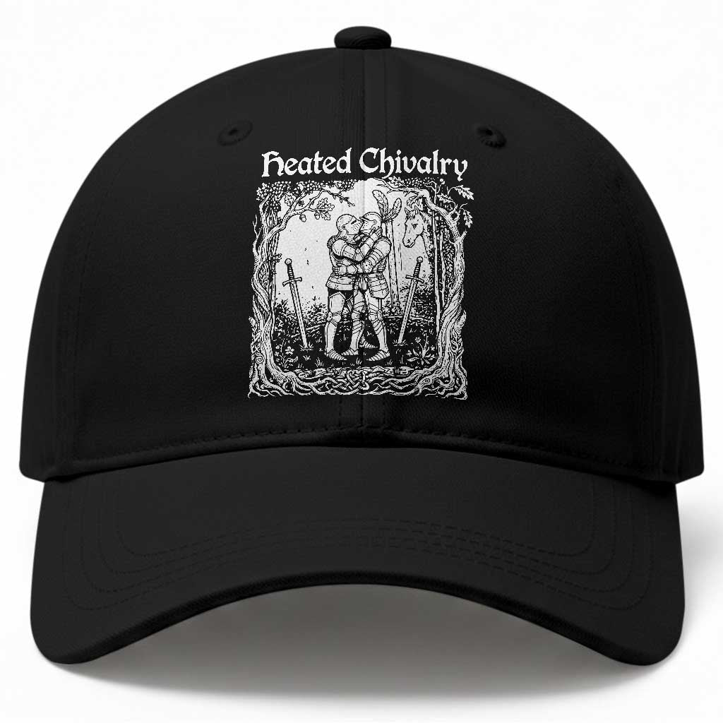 Heated Chivalry Kissing Knights Baseball Cap Romantic Funny Medieval Woodcut Fantasy Folklore Graphic