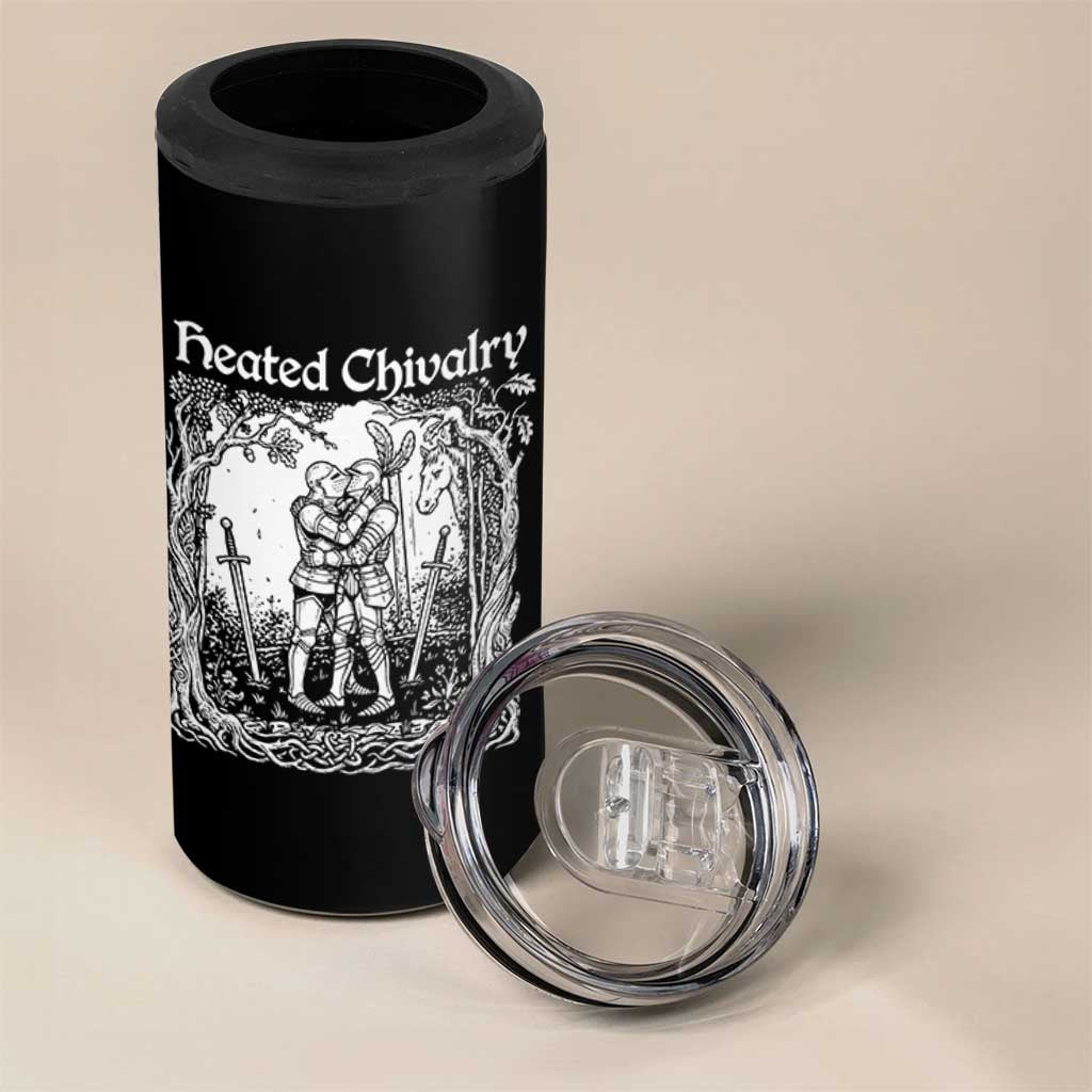 Heated Chivalry Kissing Knights 4 in 1 Can Cooler Tumbler Romantic Funny Medieval Woodcut Fantasy Folklore Graphic