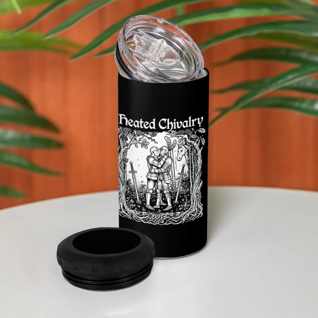 Heated Chivalry Kissing Knights 4 in 1 Can Cooler Tumbler Romantic Funny Medieval Woodcut Fantasy Folklore Graphic