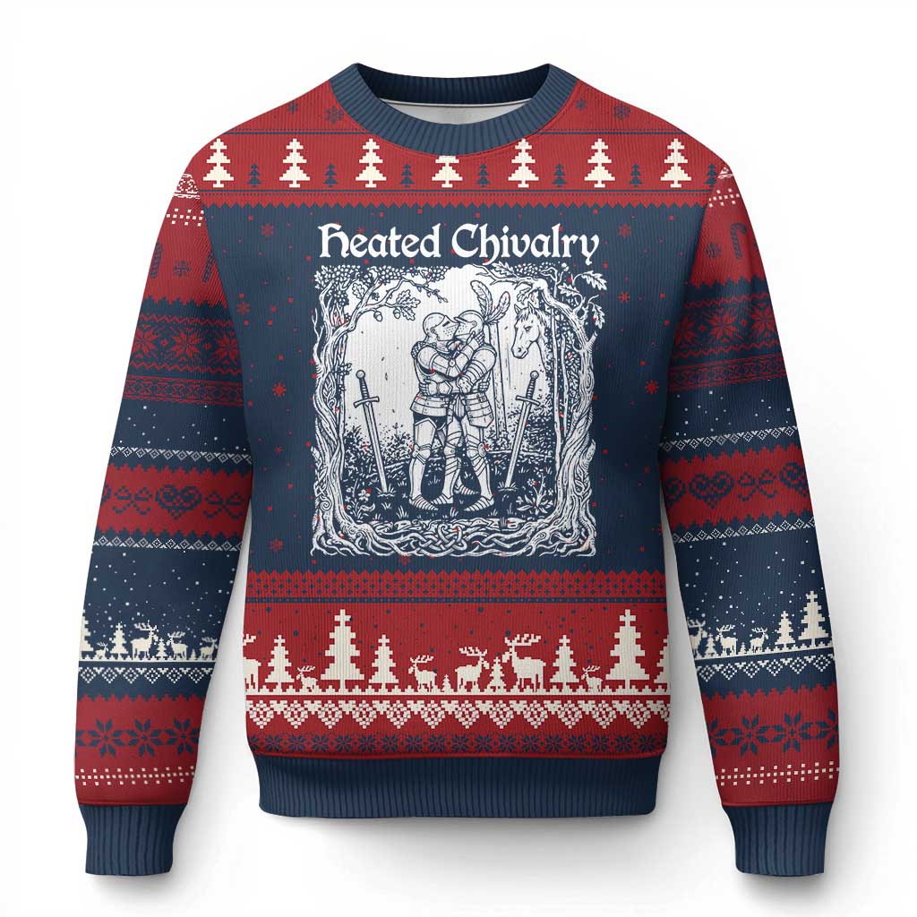 Heated Chivalry Kissing Knights Ugly Christmas Sweater Romantic Funny Medieval Woodcut Fantasy Folklore Graphic