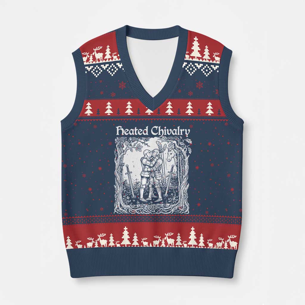 Heated Chivalry Kissing Knights V-Neck Knit Sweater Vest Romantic Funny Medieval Woodcut Fantasy Folklore Graphic