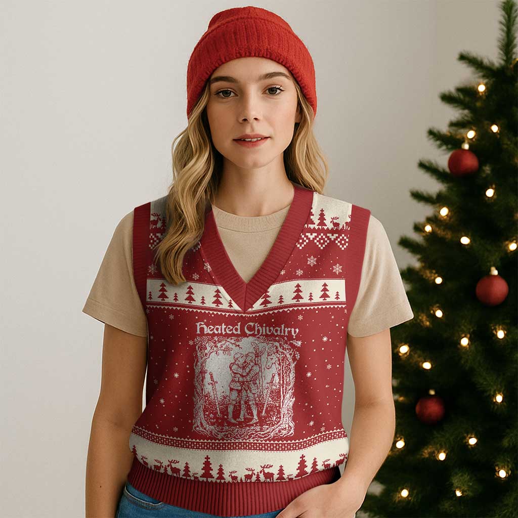Heated Chivalry Kissing Knights V-Neck Knit Sweater Vest Romantic Funny Medieval Woodcut Fantasy Folklore Graphic