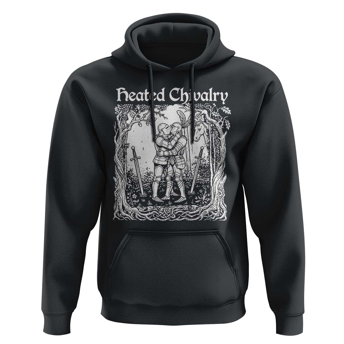 Heated Chivalry Kissing Knights Hoodie Romantic Funny Medieval Woodcut Fantasy Folklore Graphic