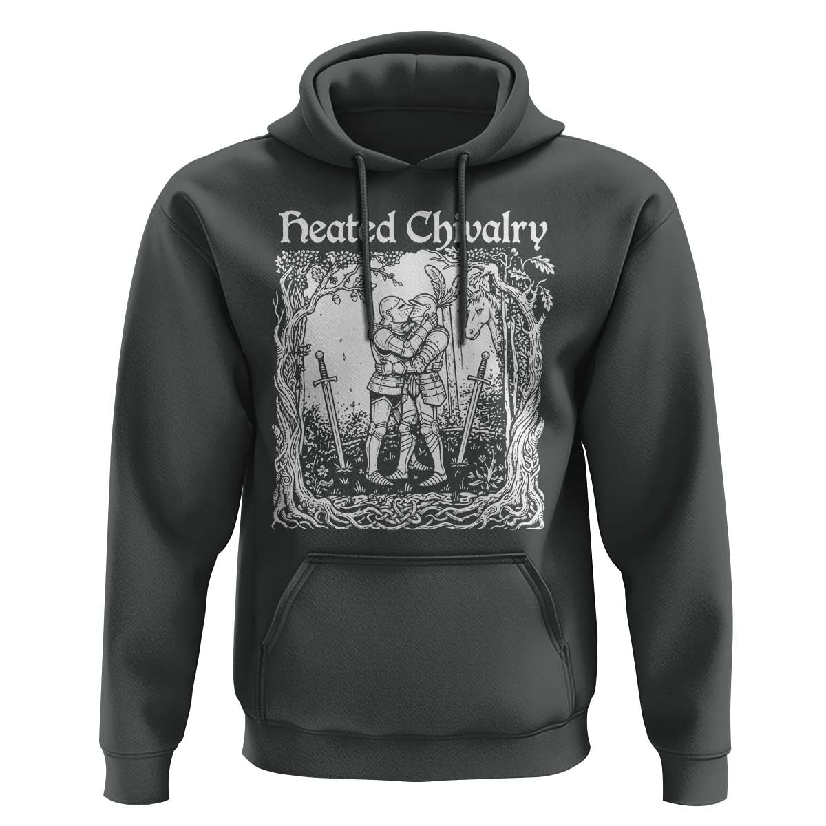 Heated Chivalry Kissing Knights Hoodie Romantic Funny Medieval Woodcut Fantasy Folklore Graphic