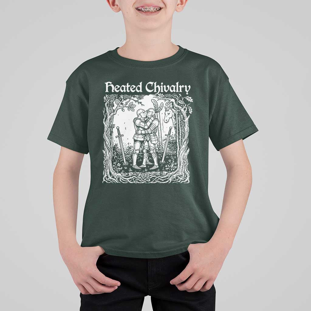 Heated Chivalry Kissing Knights T Shirt For Kid Romantic Funny Medieval Woodcut Fantasy Folklore Graphic