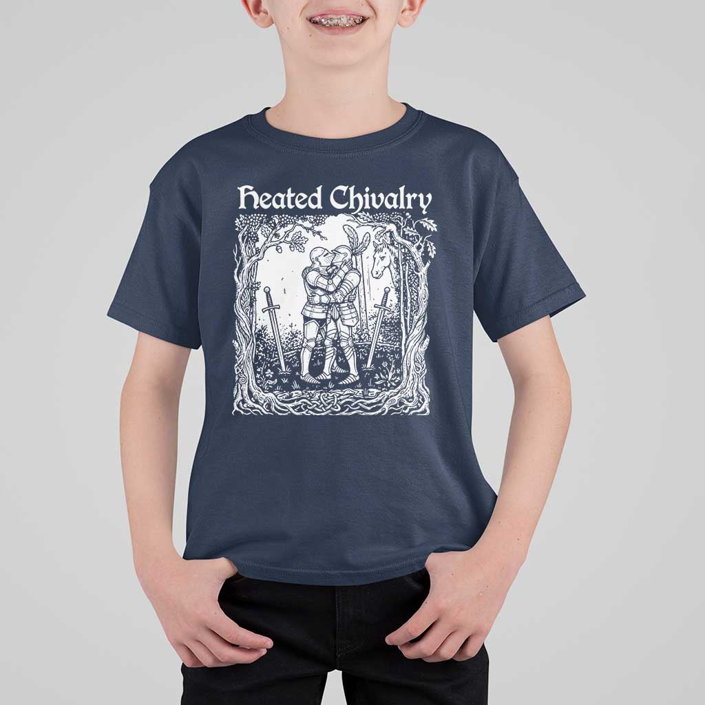 Heated Chivalry Kissing Knights T Shirt For Kid Romantic Funny Medieval Woodcut Fantasy Folklore Graphic