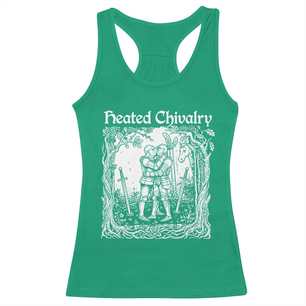 Heated Chivalry Kissing Knights Racerback Tank Top Romantic Funny Medieval Woodcut Fantasy Folklore Graphic
