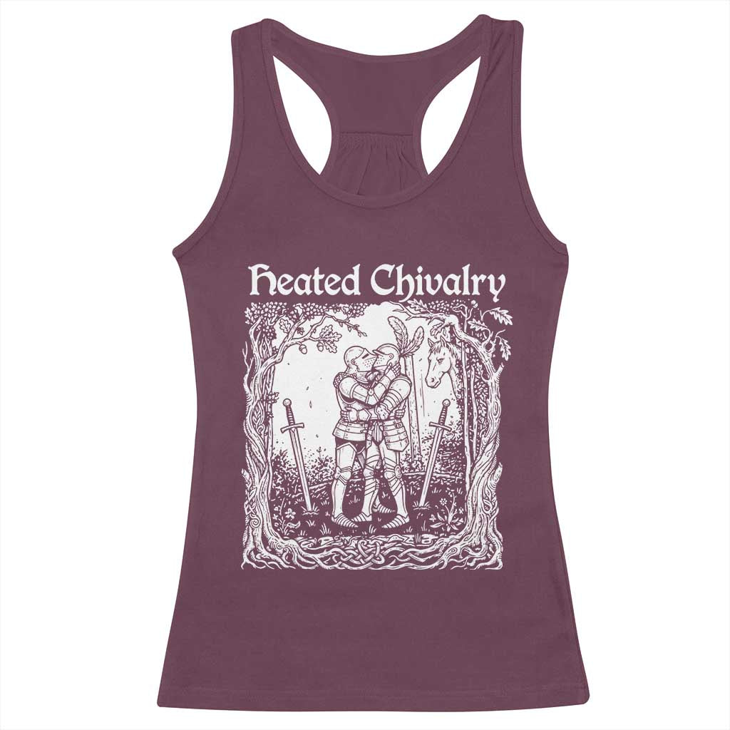 Heated Chivalry Kissing Knights Racerback Tank Top Romantic Funny Medieval Woodcut Fantasy Folklore Graphic