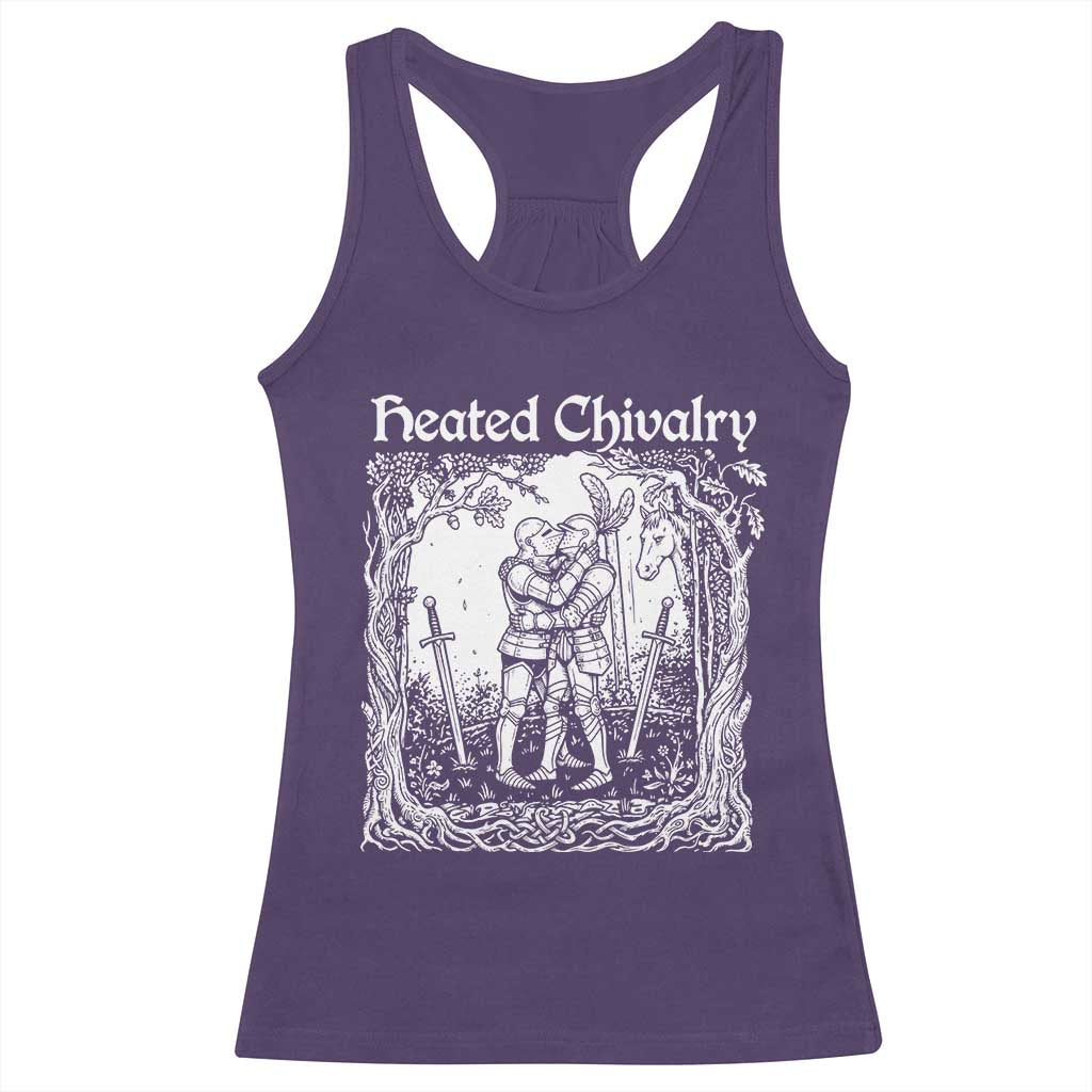 Heated Chivalry Kissing Knights Racerback Tank Top Romantic Funny Medieval Woodcut Fantasy Folklore Graphic