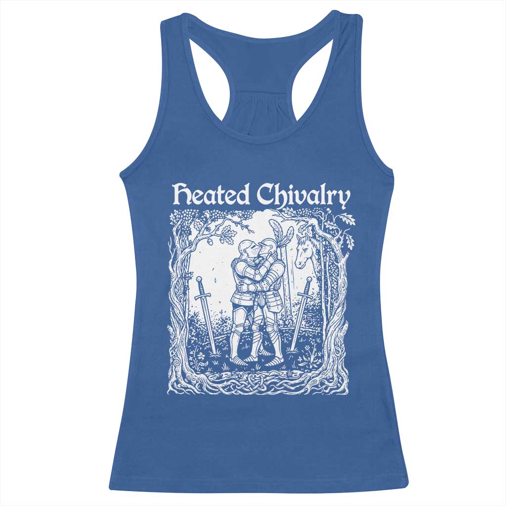 Heated Chivalry Kissing Knights Racerback Tank Top Romantic Funny Medieval Woodcut Fantasy Folklore Graphic