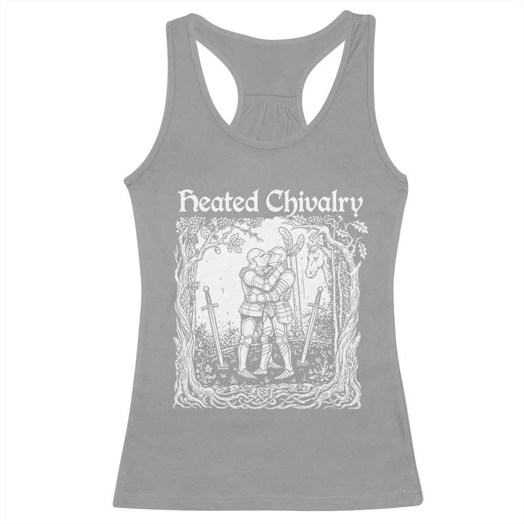 Heated Chivalry Kissing Knights Racerback Tank Top Romantic Funny Medieval Woodcut Fantasy Folklore Graphic