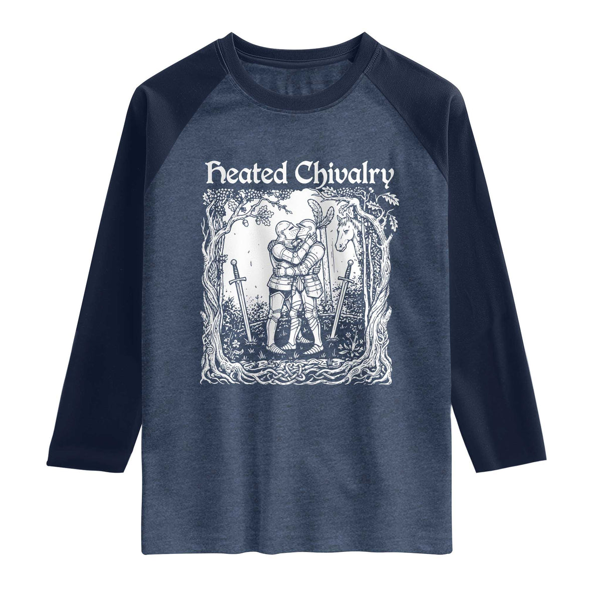 Heated Chivalry Kissing Knights Raglan Shirt Romantic Funny Medieval Woodcut Fantasy Folklore Graphic