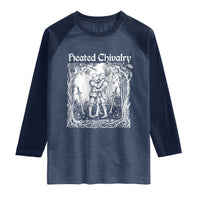 Heated Chivalry Kissing Knights Raglan Shirt Romantic Funny Medieval Woodcut Fantasy Folklore Graphic