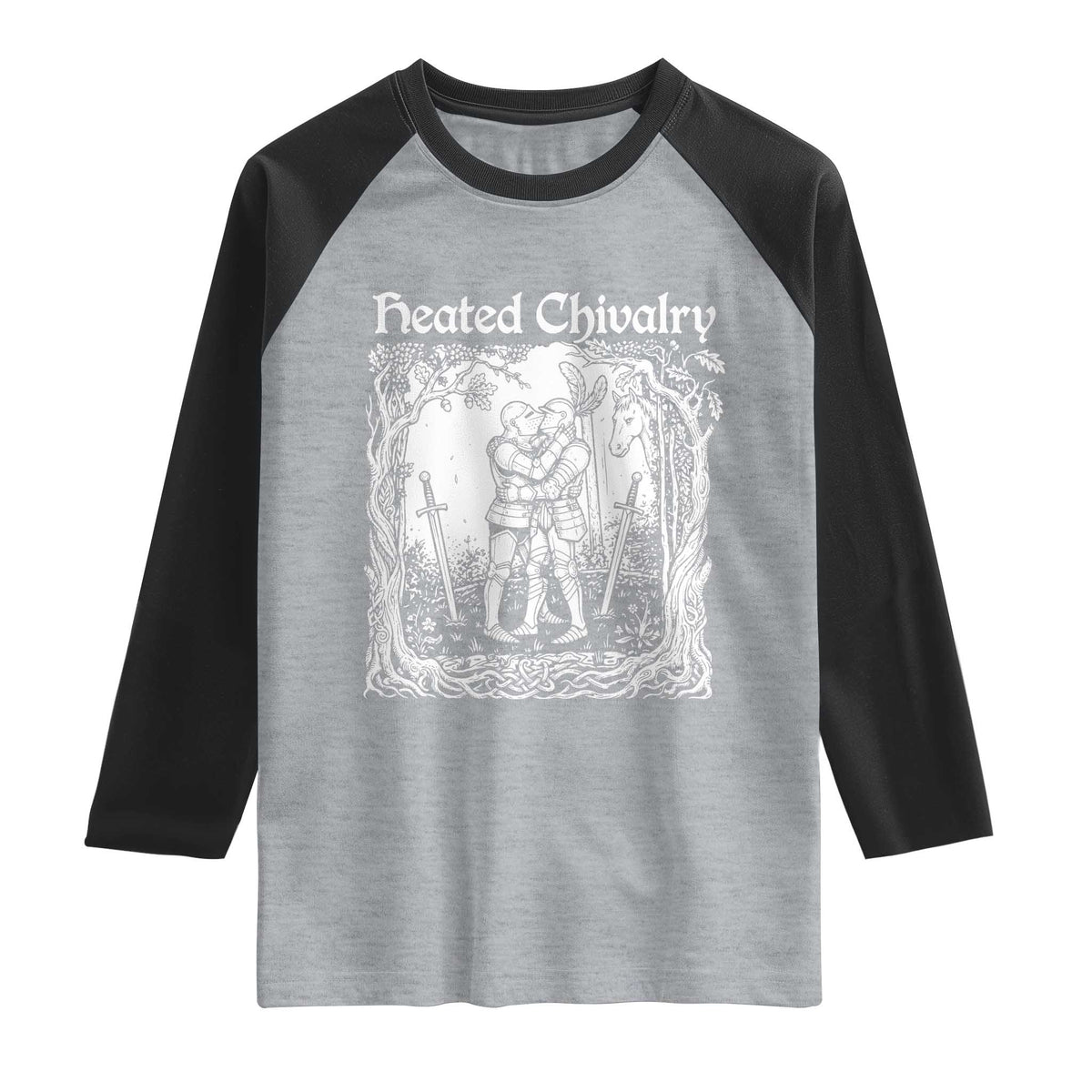 Heated Chivalry Kissing Knights Raglan Shirt Romantic Funny Medieval Woodcut Fantasy Folklore Graphic