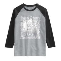 Heated Chivalry Kissing Knights Raglan Shirt Romantic Funny Medieval Woodcut Fantasy Folklore Graphic