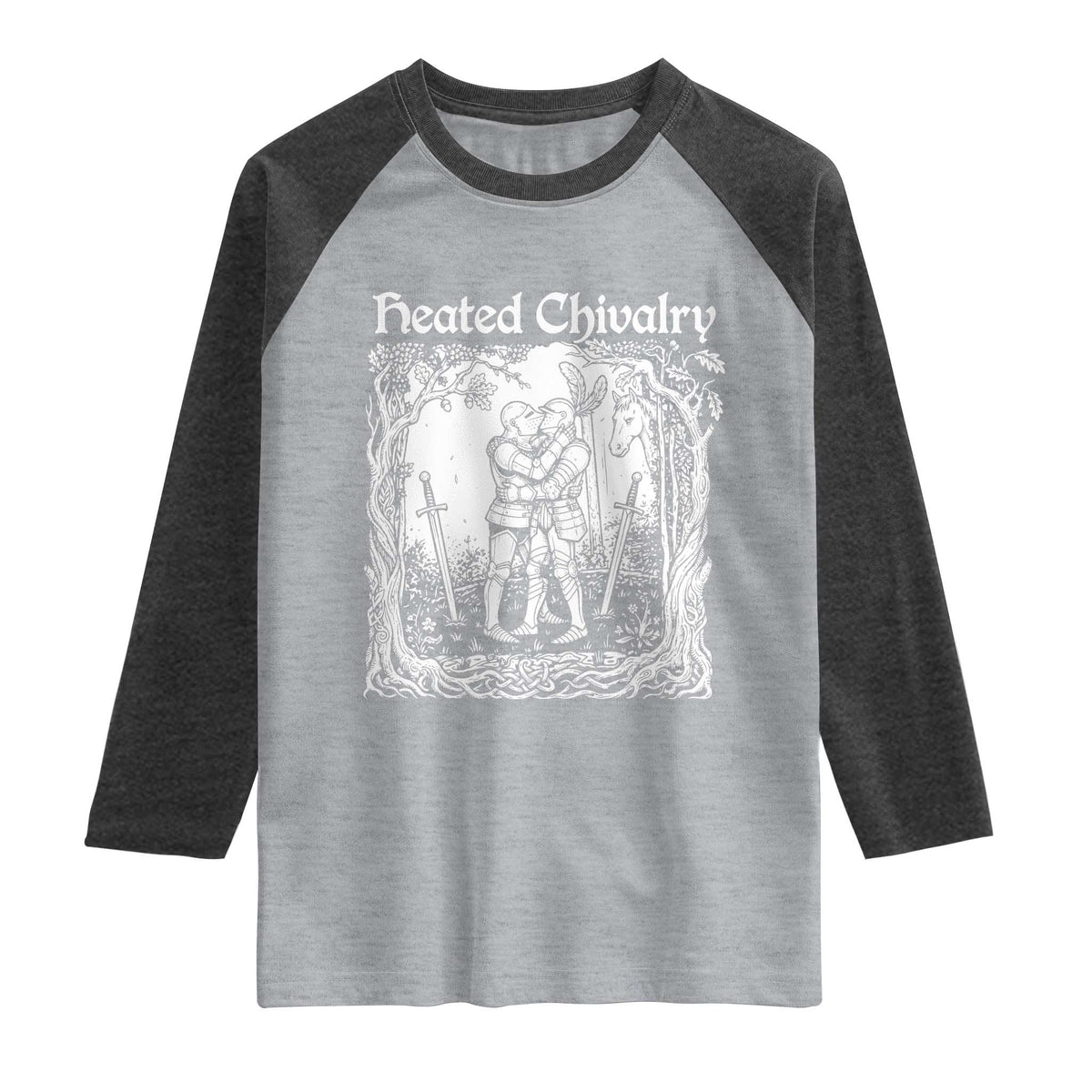 Heated Chivalry Kissing Knights Raglan Shirt Romantic Funny Medieval Woodcut Fantasy Folklore Graphic