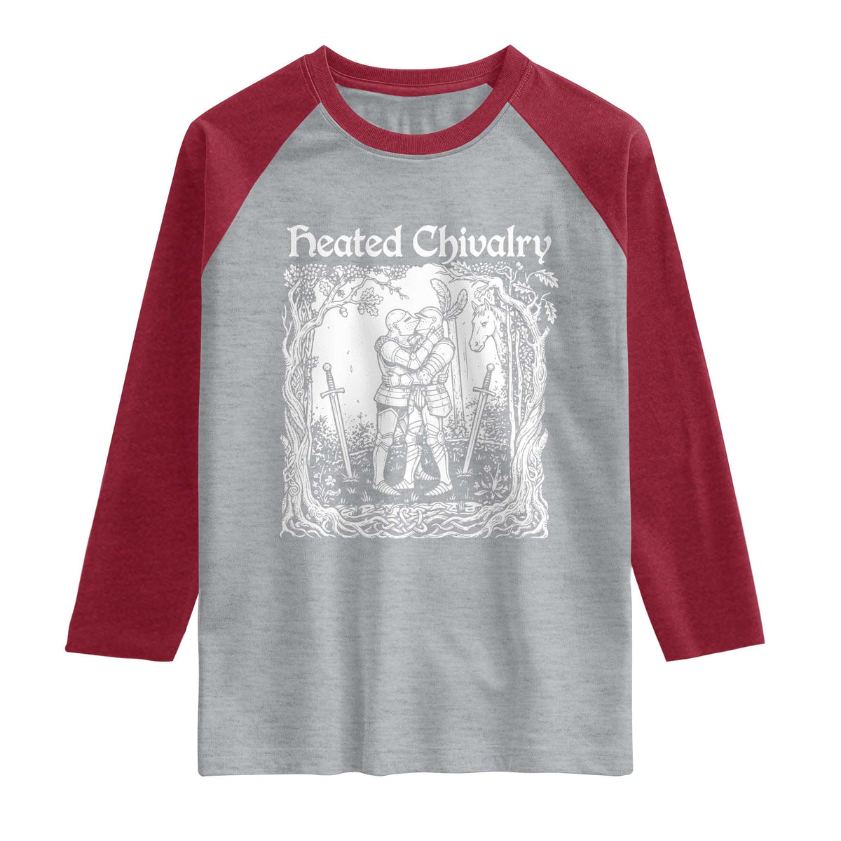 Heated Chivalry Kissing Knights Raglan Shirt Romantic Funny Medieval Woodcut Fantasy Folklore Graphic