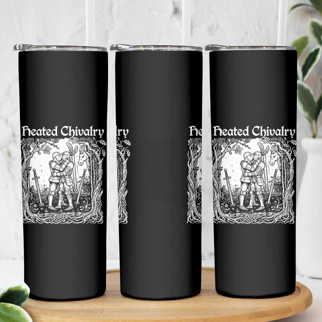 Heated Chivalry Kissing Knights Skinny Tumbler Romantic Funny Medieval Woodcut Fantasy Folklore Graphic