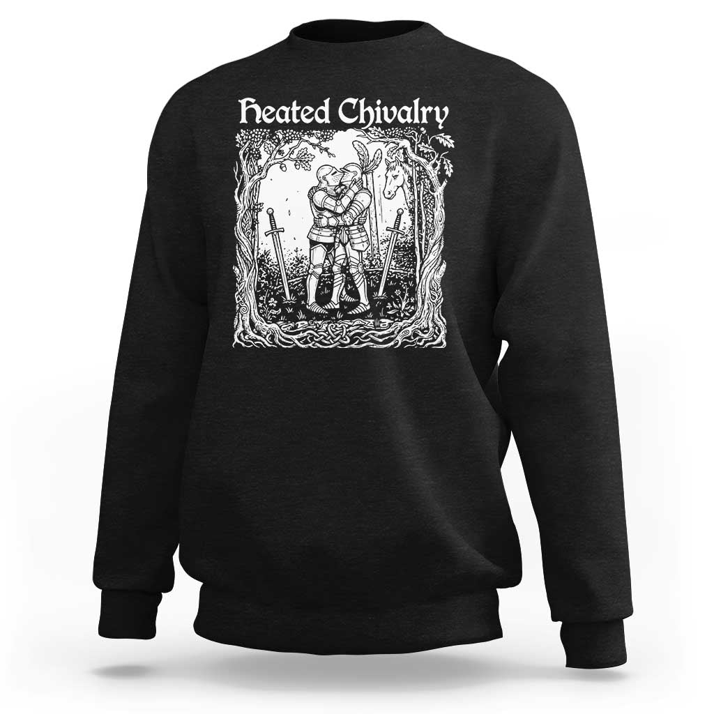 Heated Chivalry Kissing Knights Sweatshirt Romantic Funny Medieval Woodcut Fantasy Folklore Graphic