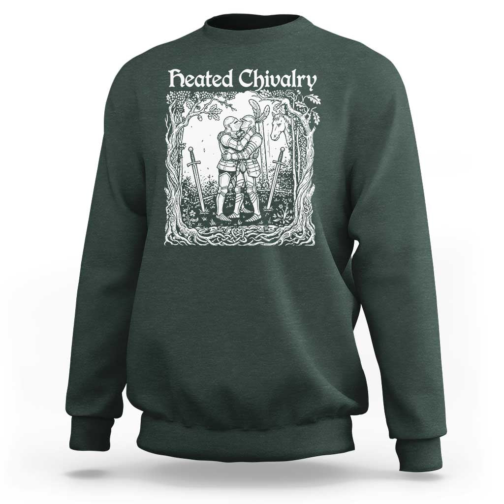 Heated Chivalry Kissing Knights Sweatshirt Romantic Funny Medieval Woodcut Fantasy Folklore Graphic