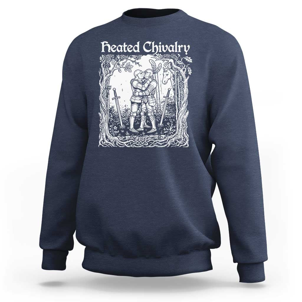 Heated Chivalry Kissing Knights Sweatshirt Romantic Funny Medieval Woodcut Fantasy Folklore Graphic