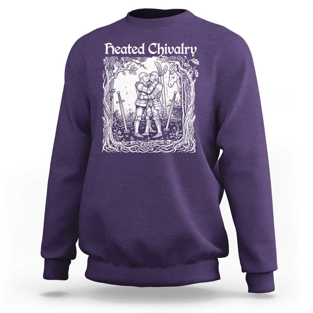 Heated Chivalry Kissing Knights Sweatshirt Romantic Funny Medieval Woodcut Fantasy Folklore Graphic