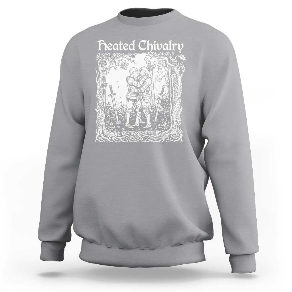 Heated Chivalry Kissing Knights Sweatshirt Romantic Funny Medieval Woodcut Fantasy Folklore Graphic
