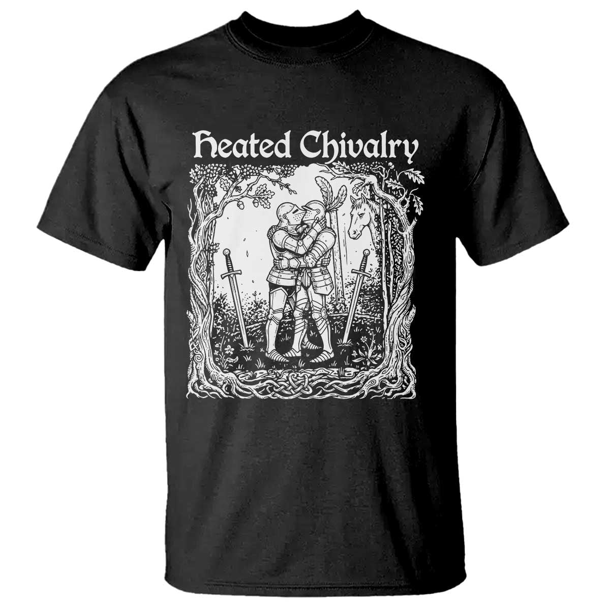 Heated Chivalry Kissing Knights T Shirt Romantic Funny Medieval Woodcut Fantasy Folklore Graphic