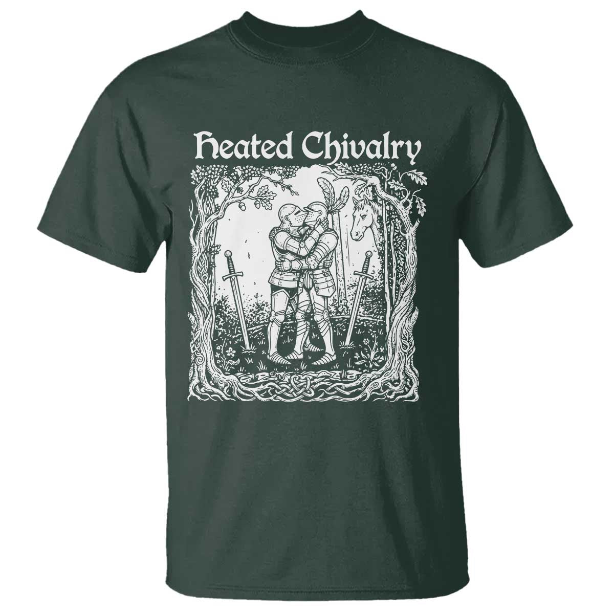 Heated Chivalry Kissing Knights T Shirt Romantic Funny Medieval Woodcut Fantasy Folklore Graphic