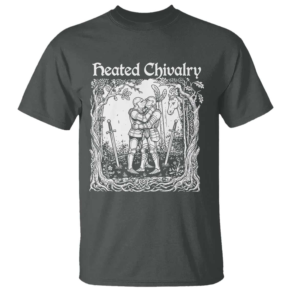 Heated Chivalry Kissing Knights T Shirt Romantic Funny Medieval Woodcut Fantasy Folklore Graphic