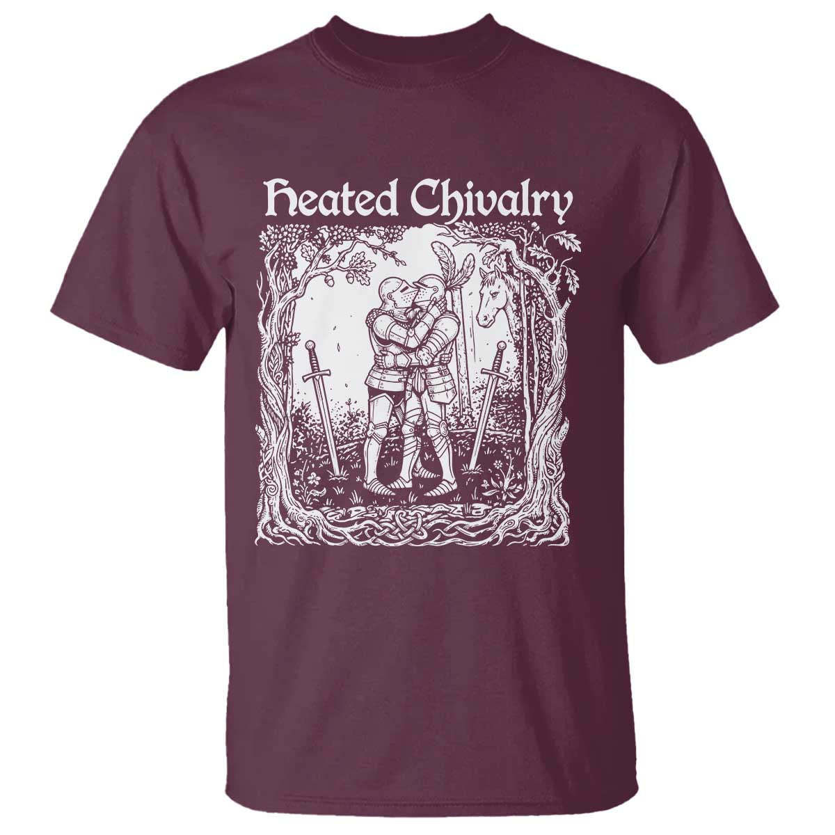 Heated Chivalry Kissing Knights T Shirt Romantic Funny Medieval Woodcut Fantasy Folklore Graphic