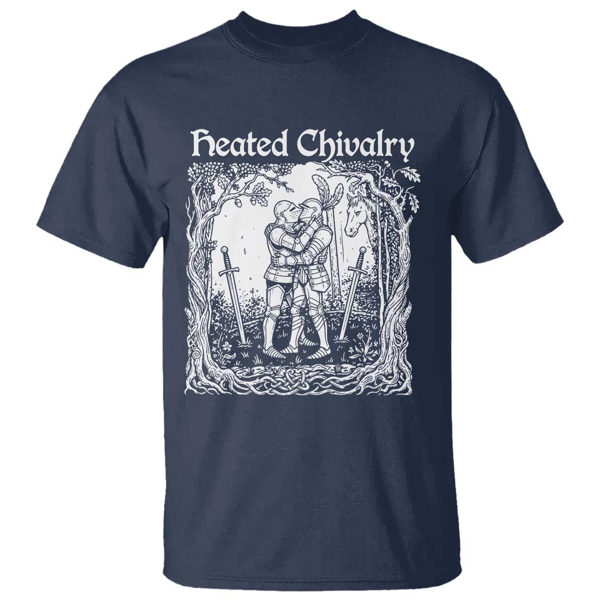 Heated Chivalry Kissing Knights T Shirt Romantic Funny Medieval Woodcut Fantasy Folklore Graphic